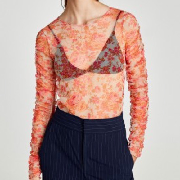 Zara floral ruched mesh blouse - Picture 3 of 5